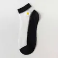 Women sheer crystal socks with cute daisy embroidery, breathable summer short boat socks. - No Packaging / Black
