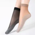 Women sheer velvet mid tube socks with cotton anti slip bottom, breathable summer hosiery. - Black And Beige