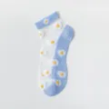 Sheer crystal ankle socks for women, light blue and white color block with cute daisy floral print. - One Size / Blue