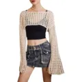 Women beige hollow out crochet knit cropped shrug long flare sleeve off shoulder sweater top - M / Tops / Beige