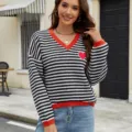 Women black white striped v-neck sweater red contrast knit pullover casual top streetwear - S / Tops / Black & White Stripes