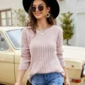 Maglione a costine rosa da donna, top pullover girocollo a maniche lunghe, stile casual. - Taglia S / Top / Rosa