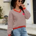 Women's V-neck striped knit sweater with cute heart patch, casual long sleeve pullover top. - S / Tops / Red and White Striped