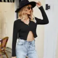 Women black ribbed knit cropped cardigan long sleeve sexy zip-up top for autumn casual daily wear - S / Tops / Black