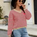 Women's red white striped V-neck knitted sweater with heart patch casual long sleeve top - S / Tops / Blue & Pink Stripe