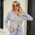 Women grey ribbed zip up cropped cardigan long sleeve casual slim fit knitwear top - S / Tops / Gray