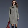 Women's long turtleneck cable knit sweater dress, stylish winter warm pullover outfit. - M / Gray