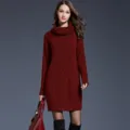 Womens Turtleneck Cable Knit Sweater Dress Long Sleeve Winter Pullover Dress Main View - M / Burgundy