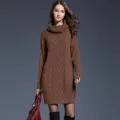 Women winter long turtleneck cable knit sweater dress casual warm oversized pullovers - Camel