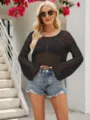 Black hollow knit crochet bell sleeve crop top women summer beach cover up sweater - S / Black