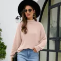 Women's solid color turtleneck long sleeve knit sweater, casual autumn winter pullover top. - S / Tops / Pink