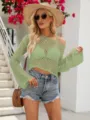 Green hollow knit bell sleeve crop top for women, chic summer beach cover up sweater. - S / Green