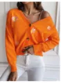 Chic orange V-neck cardigan sweater featuring sweet embroidered floral daisy patterns for women. - S / Orange