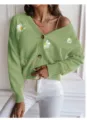 Green V-neck knitted cardigan featuring cute daisy embroidery and buttons for women. - L / Light Green