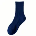 Solid navy blue long socks for men and women, classic ribbed knit, comfortable daily wear. - One Size / Navy Blue Knee-High Socks