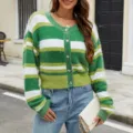 Women striped fuzzy knit cardigan crew neck long sleeve button down crop sweater top - S / Tops / Green Striped Knit Cardigan