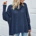 Women Oversized Cowl Neck Cable Knit Sweater Batwing Long Sleeve Pullover Dark Blue Top - S / Navy Blue
