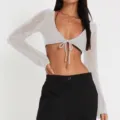 Sexy mesh knit cropped cardigan long sleeve tie front solid color hollow out tops - S / White
