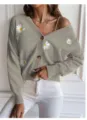 Women daisy embroidered v-neck cardigan sweater casual knit button down coat outerwear - S / Gray