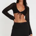 Sexy black crochet crop top long sleeve mesh cardigan summer beach cover up sexy streetwear - S / Black