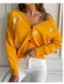 Women Yellow Daisy Embroidered V-Neck Knit Cardigan Sweater Casual Outerwear Variant - Yellow