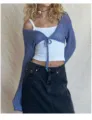 Sexy hollow out knitted crop top with long sleeves, solid color lace up cardigan for women. - S / Blue