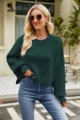 Women's Casual Loose Crew Neck Long Sleeve Ribbed Knit Pullover Sweater in Dark Green - Green