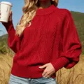 Dames rode col trui met lantaarnmouw gebreide trui casual warme wintertop outfit - Bordeauxrood