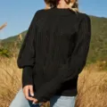 Vrouwen effen kleur lantaarnmouw opstaande kraag trui casual losse gebreide top nieuw - Zwart