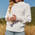 Vrouwen effenkleur opstaande kraag lantaarnmouw kabeltrui casual losse trui top - L / Top (DZ011) / Wit