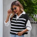 Chaleco de punto a rayas negro y blanco con cremallera para mujer vista principal elegante - S / Tops / Rayas Blancas y Negras