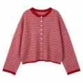 Red white striped knit cardigan variant style, casual round neck, single breasted buttons. - S / Tops / Red Stripes