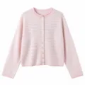 Pink white striped knit cardigan, round neck single-breasted long sleeve sweater top. - S / Tops / Pink Stripes