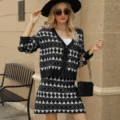 Black and white argyle knit cardigan and skirt set, V-neck long sleeve two-piece outfit. - S / Top And Bottom / Black