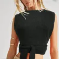 Women's Black Knit Crop Top Sleeveless Tie Waist Sexy Backless Tank Top Summer Fashion - One Size / Black