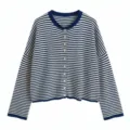 Women blue white striped knitted cardigan loose round neck single breasted sweater coat - S / Tops / Deep Blue Stripe