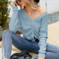 Lässiger langärmliger V-Ausschnitt einfarbiger Strickpullover mit Kordelzug vorne. - S / Oberteile / Blau