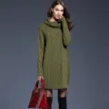 Women solid color turtleneck cable knit long sweater dress winter autumn casual daily chic - M / Army Green