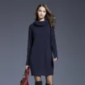 Women's long sleeve turtleneck cable knit sweater dress casual winter solid pullover - S / Navy Blue