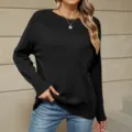 Women solid color boat neck long sleeve knit sweater main view display, casual style. - S / Black