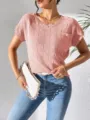 Women pink textured short sleeve knit top detail view, casual summer commuting shirt top. - Light Pink