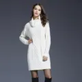 Women White Turtleneck Cable Knit Sweater Dress Long Sleeve Oversized Pullover Dress - White