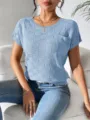Casual loose solid color knit short sleeve t-shirt with classic crewneck and chic check texture. - Light Blue