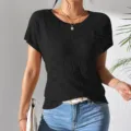 Women's black short-sleeve knit t-shirt, casual round neck checkered pullover top for daily wear - S / Black