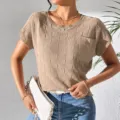 Women's casual knit short sleeve t-shirt, solid color textured pullover top for summer. - S / Khaki
