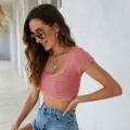 Pink knit crop top for women, sexy square neck short sleeve hollow out sweater summer style. - S / Pink
