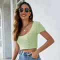 Light green knit crop top short sleeve casual summer sexy slim fit basic t-shirt for women - S / Green