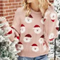 Suéter de navidad rosa para mujer con bonito patrón de Papá Noel jersey de punto suave de invierno - S / Rosa (Suéter de Papá Noel)