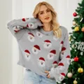 Mujer Navidad Papá Noel Estampado Jersey de Punto Manga Larga Casual Gris Top - S / Gris (Suéter de Papá Noel)