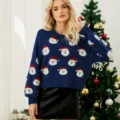 Suéter de Navidad para mujer manga larga cuello redondo azul con lindo diseño de Papá Noel top - Azul oscuro (Suéter de Papá Noel)